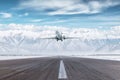 Modern executive business jet take off airport runway at winter on the background of high picturesque snow capped mountains Royalty Free Stock Photo