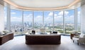 modern executive office interior with panoramic floor to ceiling windows overlooking city skyline and river view Royalty Free Stock Photo