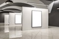 Modern exhibition hall interior with concrete wall and floor, blank mock up banner. Gallery concept.