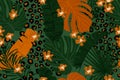 Modern exotic seamless pattern. Leopard fur, tropical leaves, flowers. Palm foliage.