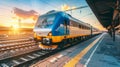 Modern express train arriving at city station on rail tracks with urban skyline in background Royalty Free Stock Photo