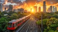 Modern express train arriving at the railway station in the bustling city center on the tracks Royalty Free Stock Photo