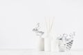 Modern exquisite decoration for home interior - aromatherapy white bottles with sticks, ceramic vase, silver leaves, bowl.