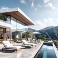 Modern exterior of a luxury villa in a minimal style. Glass house in the mountains. Royalty Free Stock Photo