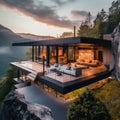 Modern exterior of a luxury villa in a minimal style. Glass house in the mountains. Royalty Free Stock Photo