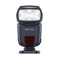 Modern external camera flash unit with bright light on white background Royalty Free Stock Photo