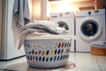 Modern fabric care: a room adorned with a washing machine, dryer, and a neatly arranged laundry basket