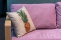 Modern fabric pillows on pink fabric cushion sofa interior