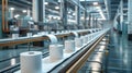 A modern factory assembly line producing rolls of toilet paper in a clean, well-lit environment Royalty Free Stock Photo