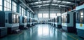 Modern factory interior high-tech milling machines. Rows of advanced automated machinery line wide open space. Clean teal floor