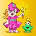 Modern fairy with a magic wand and the frog with the crown.