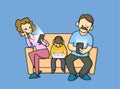 Modern family addicted to electronic gadgets sitting on a couch. Flat vector illustration, isolated on blue background.