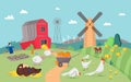 Modern farm scene with cute animals flat cartoon vector illustration concept, background Royalty Free Stock Photo