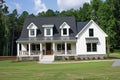 Modern farmhouse with gabled roof constructed by board and batten. Generative AI.