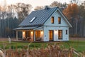 Modern farmhouse with gabled roof constructed by board and batten. Generative AI.