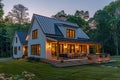 Modern farmhouse with gabled roof constructed by board and batten. Generative AI. Royalty Free Stock Photo