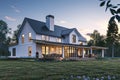 Modern farmhouse with gabled roof constructed by board and batten. Generative AI.