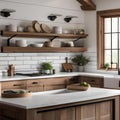 A modern farmhouse kitchen with a farmhouse sink, shiplap walls, and rustic details2 Royalty Free Stock Photo