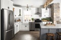 modern farmhouse kitchen with stainless steel appliances and natural stone countertops