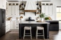 modern farmhouse kitchen with white cabinets, black island, and range hood Royalty Free Stock Photo