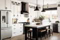 modern farmhouse kitchen with white cabinets, black island, and range hood Royalty Free Stock Photo