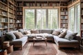 Modern Farmhouse Library With Builtin Bookshelves And Cozy Seating Modern Farmhouse Interior Design. Generative AI