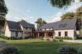 modern farmhouse with metal roof, wooden siding and stone accents