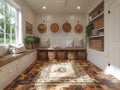 Modern farmhouse mudroom with storage benches and shiplap walls3D render