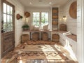 Modern farmhouse mudroom with storage benches and shiplap walls3D render