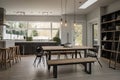 modern farmhouse with sleek dining table and minimalist lighting
