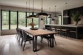 modern farmhouse with sleek dining table and minimalist lighting