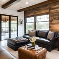 14 A modern farmhouse-style living room with a shiplap accent wall, leather sofa, and natural wood coffee table4, Generative AI