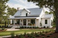 modern farmhouse with wrap-around porch and natural landscaping