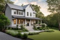 modern farmhouse with wraparound porch, wooden siding and metal accents against a lush green landscape