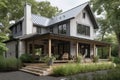 modern farmhouse with wraparound porch, wooden siding and metal accents against a lush green landscape