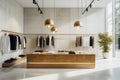 Modern fashion boutique showroom with minimalist shelves, white walls, and chic pendant lighting.