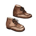 Modern fashion boy kids gentlemen s shoes. Luxury children man brown leather shoe collection. Isolated with inscription