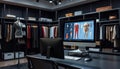 Modern fashion design studio. Designer uses computer, mannequins for digital clothing prototyping, 3D modeling. Clothing designs