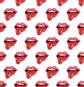 Modern fashion Lips with tongue seamless pattern. Red open mouth with tongue sticking out endless background. Retro, pin Royalty Free Stock Photo