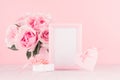 Modern fashion Valentine days background - blank frame for text, rich roses, trendy pink heart with ribbon, gift box with jewelry. Royalty Free Stock Photo