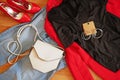 Modern fashion woman outfit with red jacket and blue jeans, bag, shoes and jewerly Royalty Free Stock Photo
