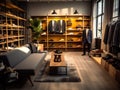 Modern fashionable brand interior of men clothing shop store inside shopping center.Created with Generative AI Royalty Free Stock Photo