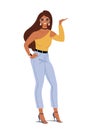 Modern fashionable girl points with her hand. Black girl in sunglasses and jeans posing. Flat cartoon vector female