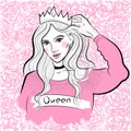 Modern fashionable girl in sweater and crown, queen, princess, on the background of blooming peonies and roses