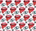 Modern fashionable Lips with tongue and eye seamless pattern. Red open mouth with tongue sticking out endless background