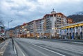 Modern fashionable Marriott Krasnaya Polyana Hotel in Gorky Gorod winter mountain ski resort fronts on the federal motorway