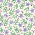 Modern fashionable vector seamless floral ditsy pattern. Modern elegant repeating blooming flowers and leaves texture background Royalty Free Stock Photo