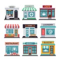 Modern fast food restaurant and shop buildings, store facades, boutiques with showcase flat icons