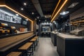 modern fast food restaurant with sleek decor, minimalistic design and interactive technology