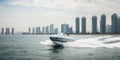 Modern fast speedboat sailing in bay with a city at midday as background. Generative AI